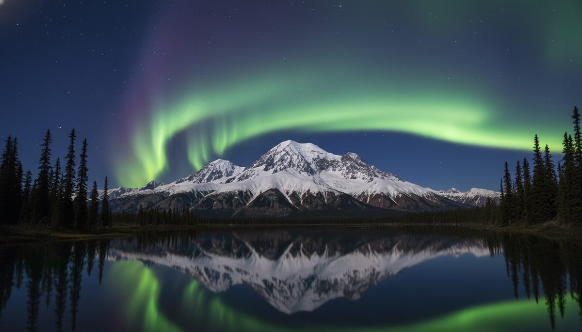 Alaska's Denali range under the Northern Lights, with green-and-violet aurora shimmering above snow-covered peaks reflected in a still alpine lake.